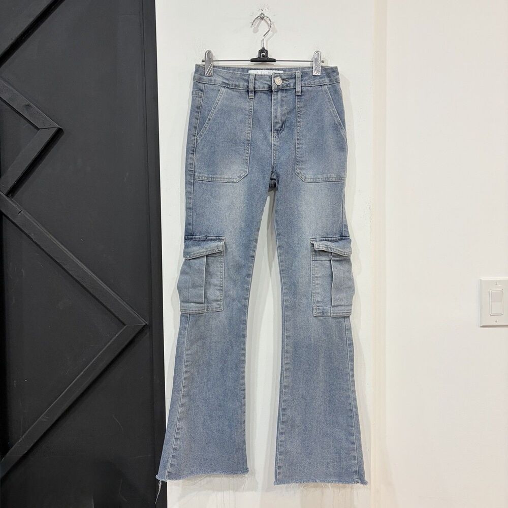Indigo Rein Light Wash Utility Cargo Flare Jeans Juniors Size 3